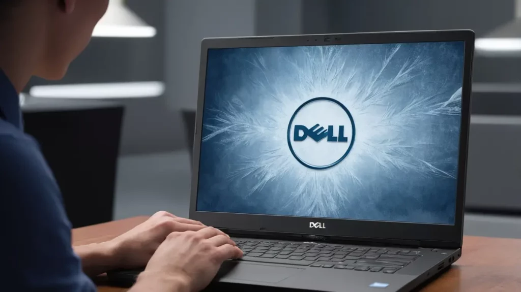 A Dell laptop with a frozen screen displaying the Dell logo, while a user holds down the power button to force a restart