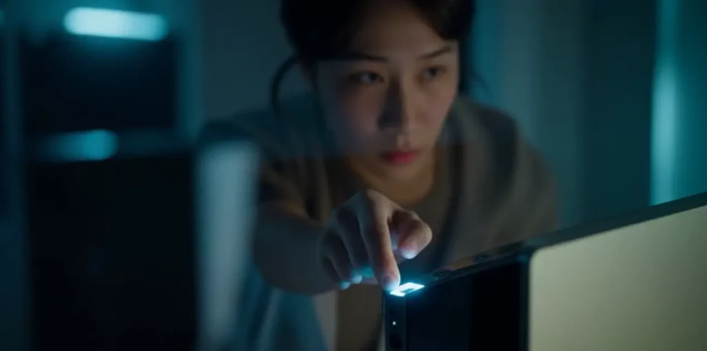 A person carefully troubleshooting a stuck PC power button, ensuring smooth functionality