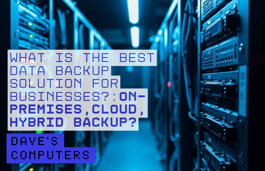 A server room showing the business data backup solutions, On-Premises, Cloud, and Hybrid, answering 'What is the best data backup solution for businesses?