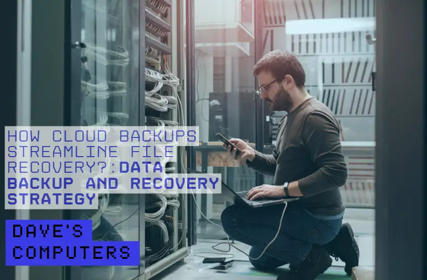 A man demonstrating how cloud backups streamline file recovery with secure storage, encryption, and instant data restoration across laptop, desktop, and mobile devices