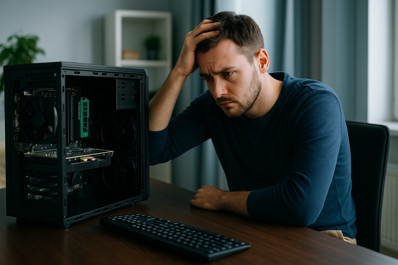 A frustrated computer user sitting at a desk and staring at a prebuilt PC slow after upgrade, with the tower open showing new components and a visible performance issue.