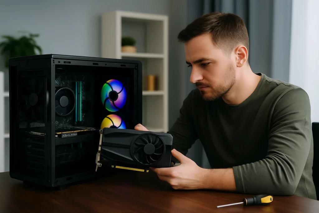 A man upgrading a prebuilt gaming PC by installing a new graphics card, with visible RGB lighting inside the case to show the hardware upgrade process.