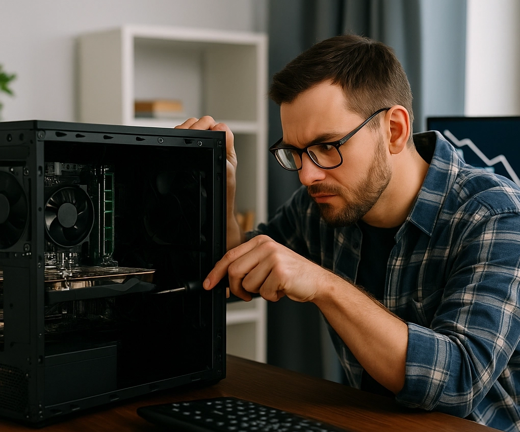 A man inspecting the interior of his desktop setup, attempting to diagnose why his Prebuilt PC won't start after upgrade, with visible motherboard, power cables, and components in an open case.