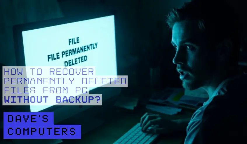 A person sitting at a desk looking at a computer screen with a 'File Permanently Deleted' warning message, representing the challenge of how to recover permanently deleted files from PC without backup