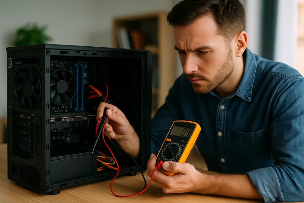 Troubleshooting a custom-built PC that won’t turn on — a person testing the power supply with a multimeter inside an open PC case with visible motherboard and RAM.