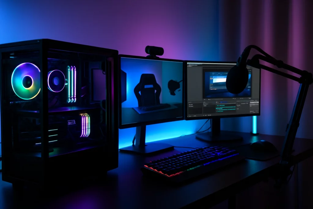 A high-performance setup to upgrade PC for better streaming — featuring multiple monitors, RGB lighting, a microphone, and a webcam, all optimized for smooth and high-quality live streaming.