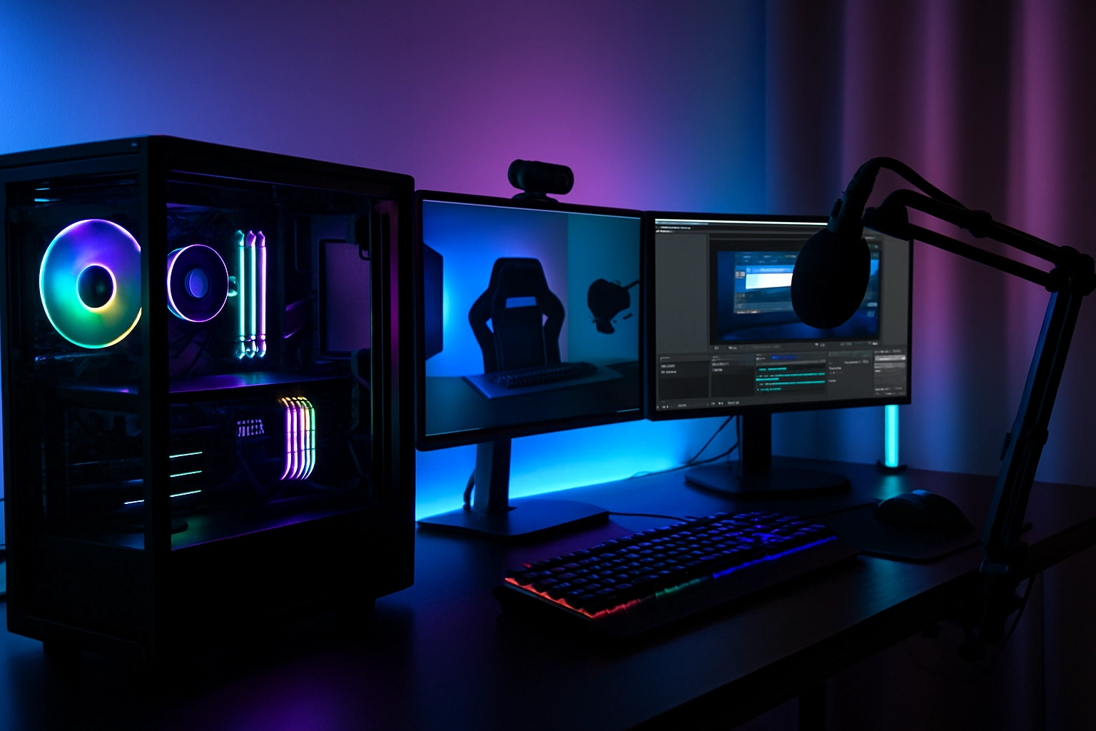 A high-performance setup to upgrade PC for better streaming — featuring multiple monitors, RGB lighting, a microphone, and a webcam, all optimized for smooth and high-quality live streaming.