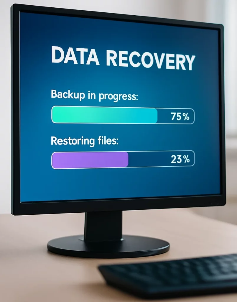 Backup and data recovery process displayed on a computer monitor, showing progress bars for secure file restoration and protection.