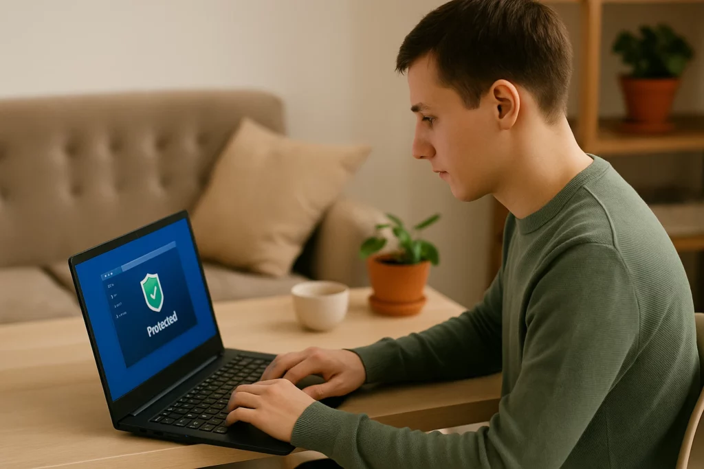 Young man in a green sweater sitting at a desk, looking directly at his laptop screen, which shows antivirus software marked “Protected,” in a cozy, plant-filled home setting.