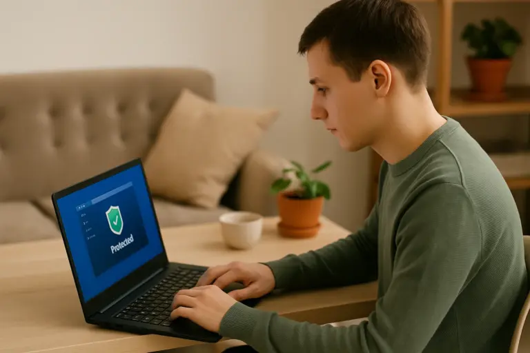 Young man in a green sweater sitting at a desk, looking directly at his laptop screen, which shows antivirus software marked “Protected,” in a cozy, plant-filled home setting.