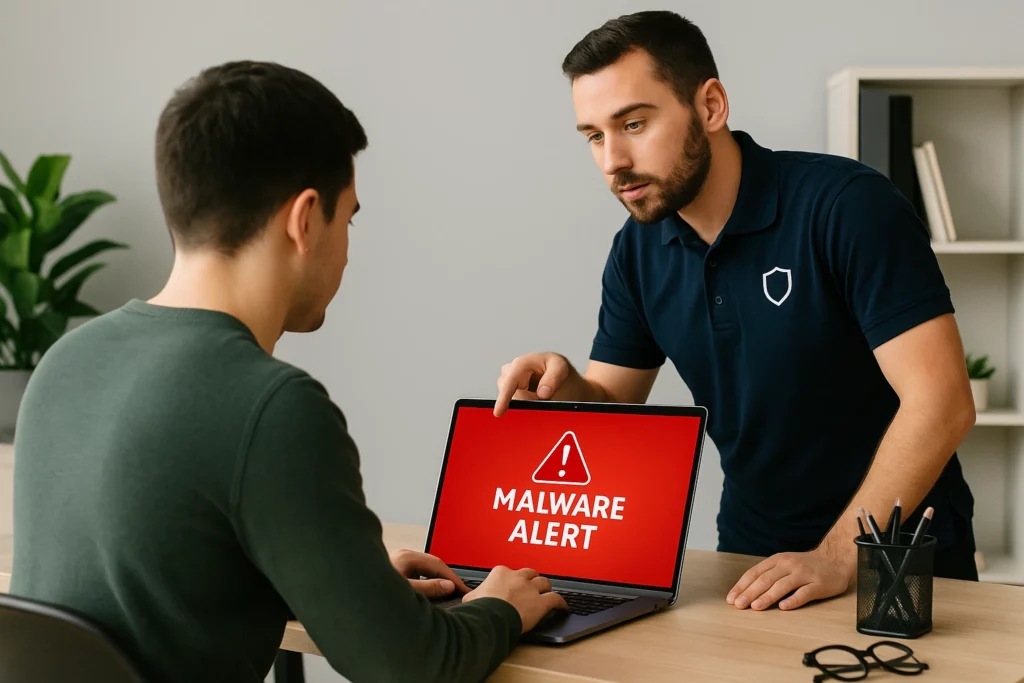 Technician assisting a user in removing malware from a laptop displaying a red “MALWARE ALERT” screen, representing Choosing a Malware Removal Service.