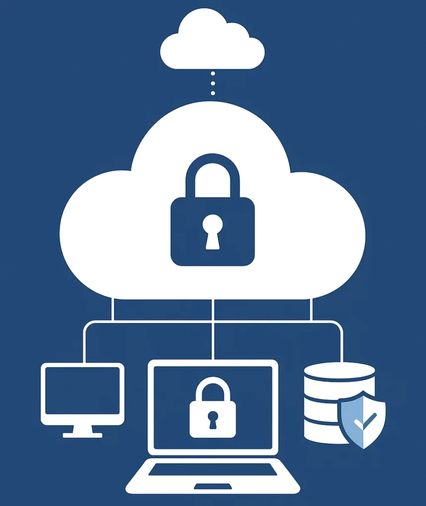 Cloud IT solutions illustration showing secure cloud storage, a padlock symbol, and interconnected devices representing infrastructure management.