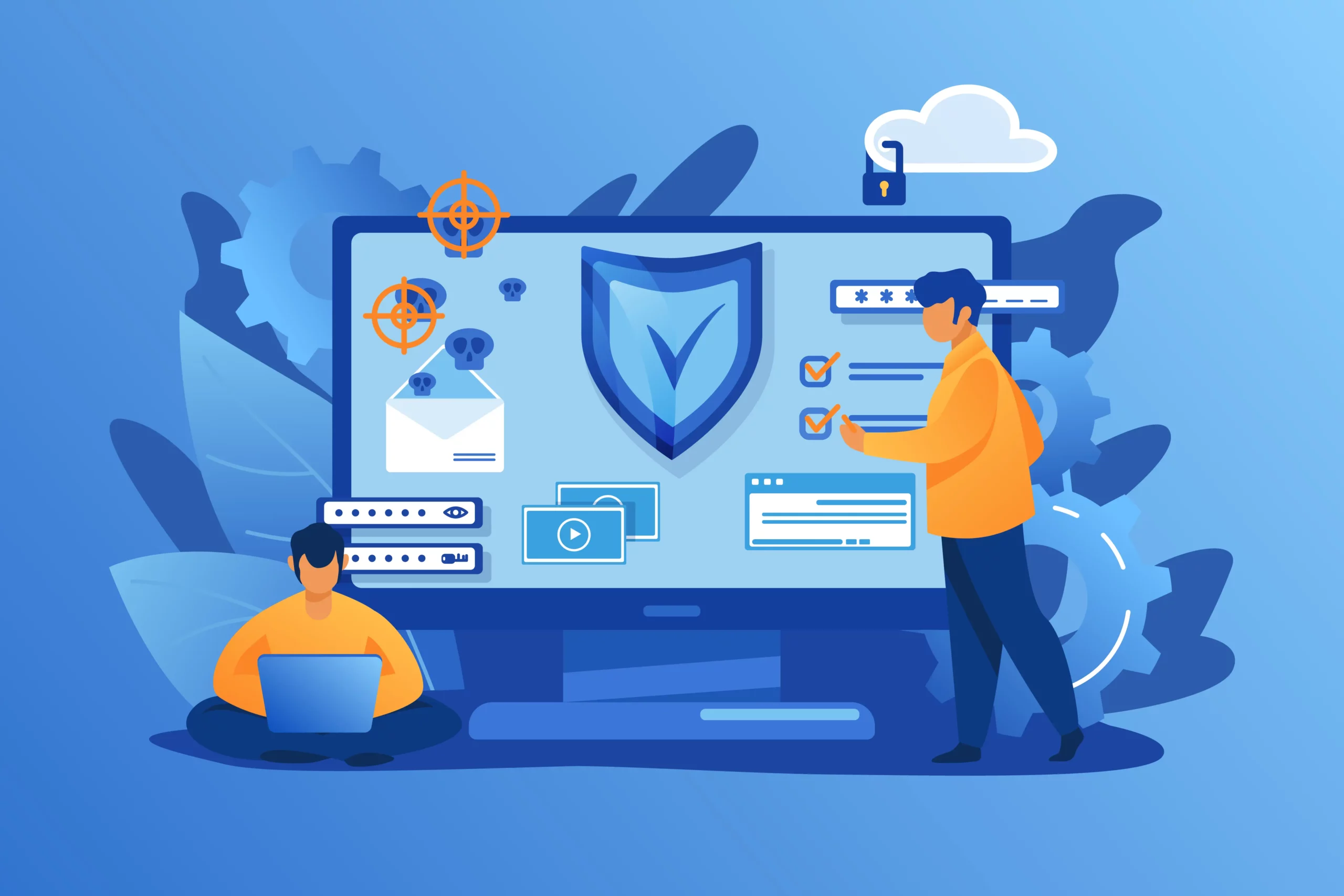 Illustration showing cybersecurity protocols against threats like phishing and malware, representing strategies for preventing data breaches in small businesses.
