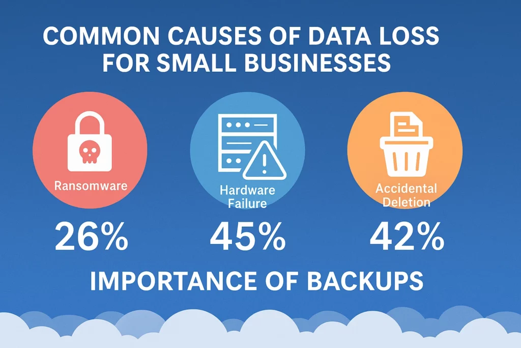 Common causes of data loss for small businesses, including ransomware, hardware failure, and accidental deletions, highlighting the importance of backups.