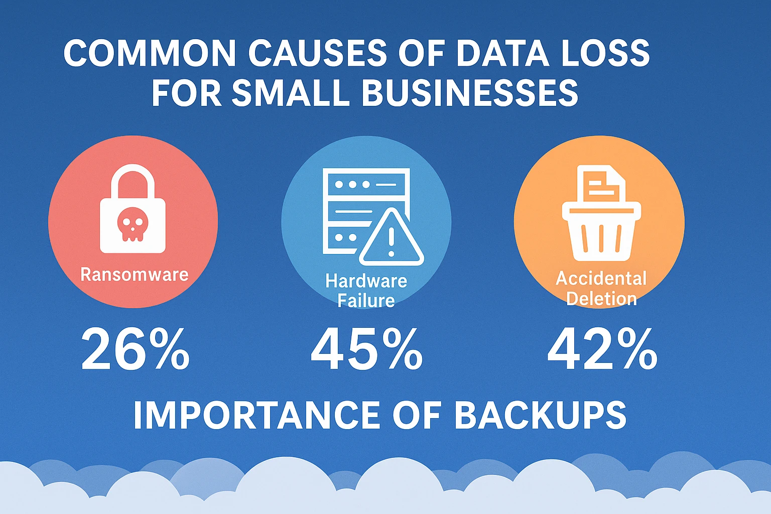Common causes of data loss for small businesses, including ransomware, hardware failure, and accidental deletions, highlighting the importance of backups.