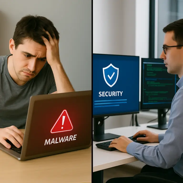 Side-by-side comparison showing a frustrated home user trying to remove malware on a laptop and a professional technician managing security on multiple monitors in a secure office.