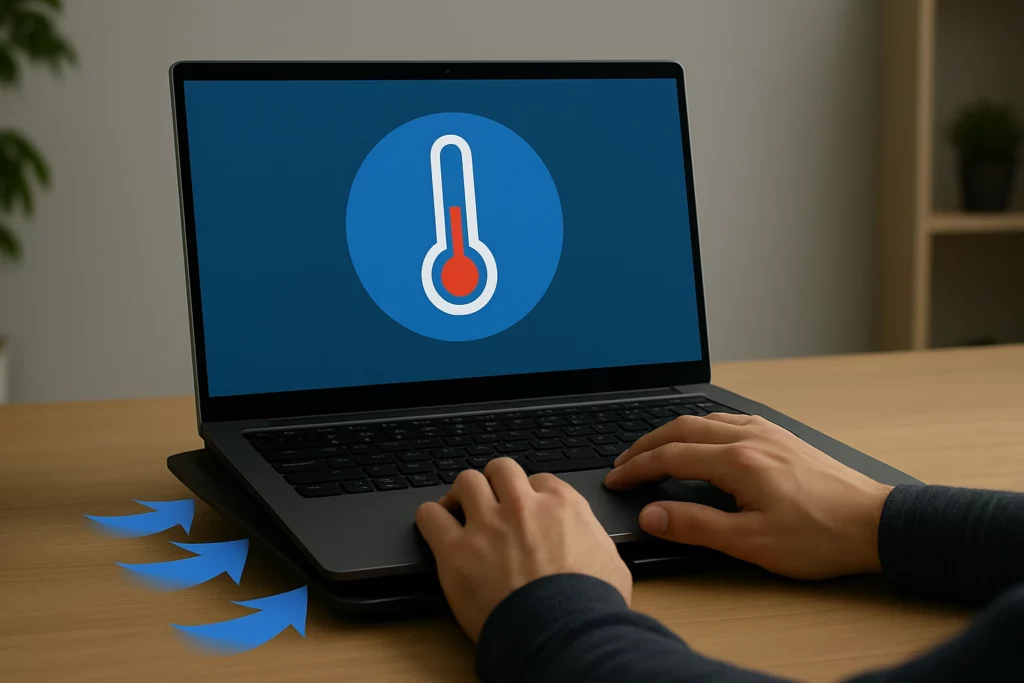 Laptop on cooling pad showing airflow improvement for better laptop efficiency and performance.