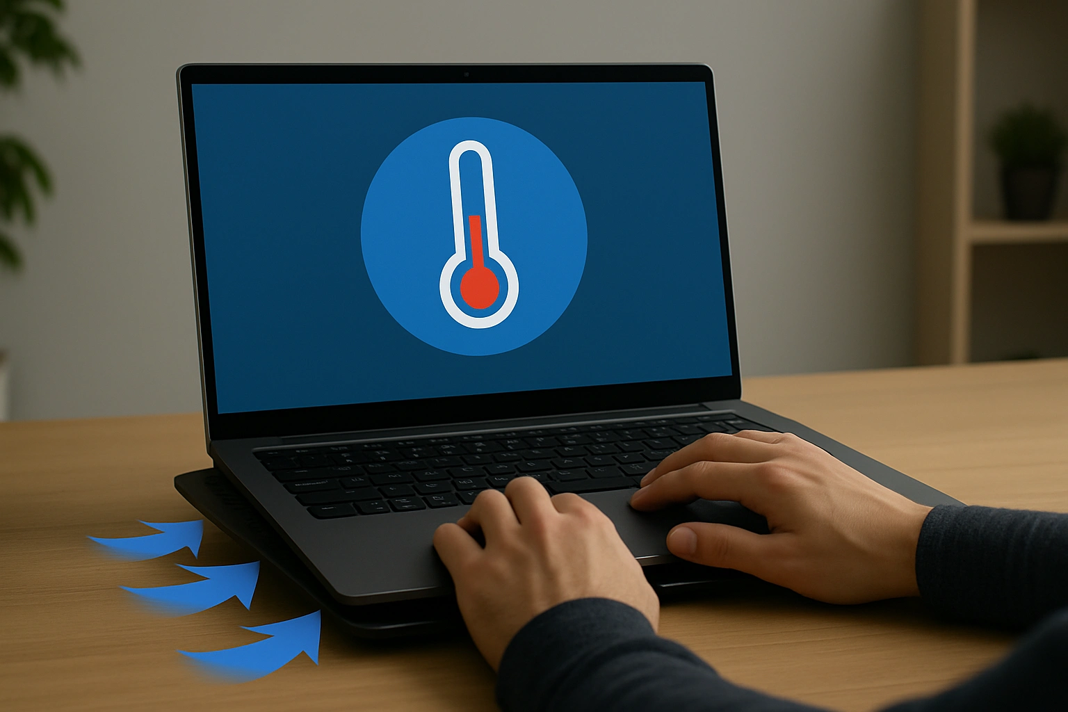 Laptop on cooling pad showing airflow improvement for better laptop efficiency and performance.