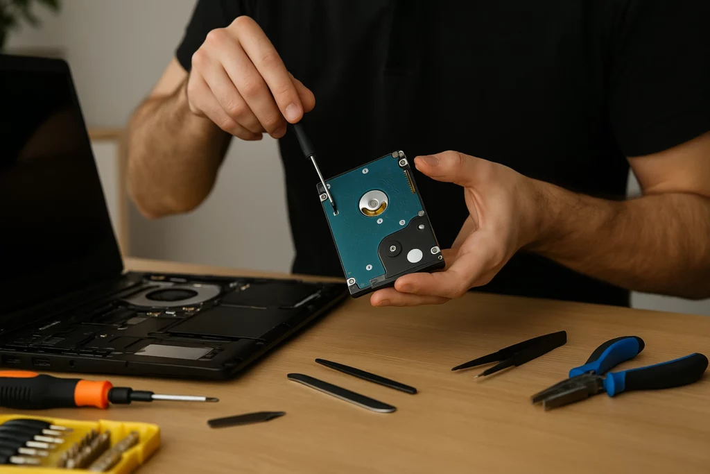 Technician repairing an unbootable laptop hard drive on a workbench with tools.