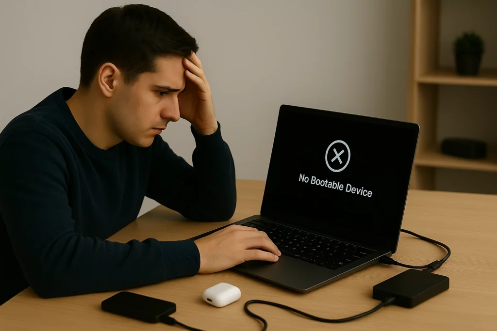 User troubleshooting a laptop that won’t start, with external devices and a power adapter nearby on the desk.