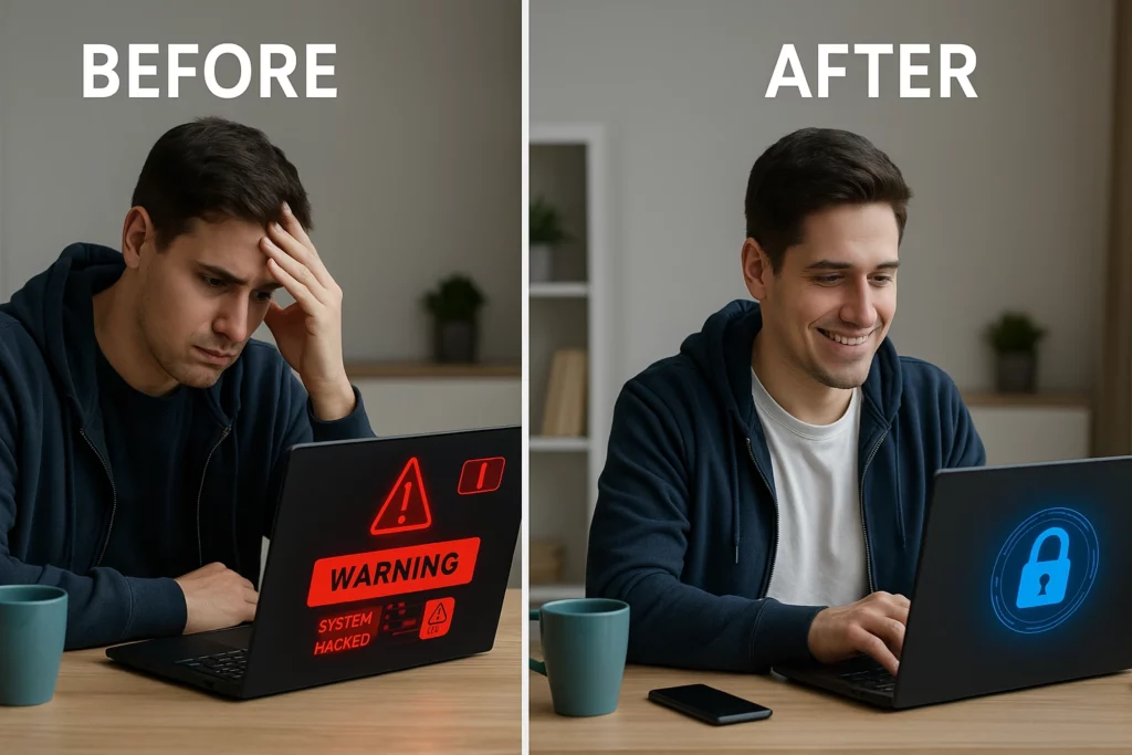Before and after image showing how to recover data from a hacked laptop using professional support.