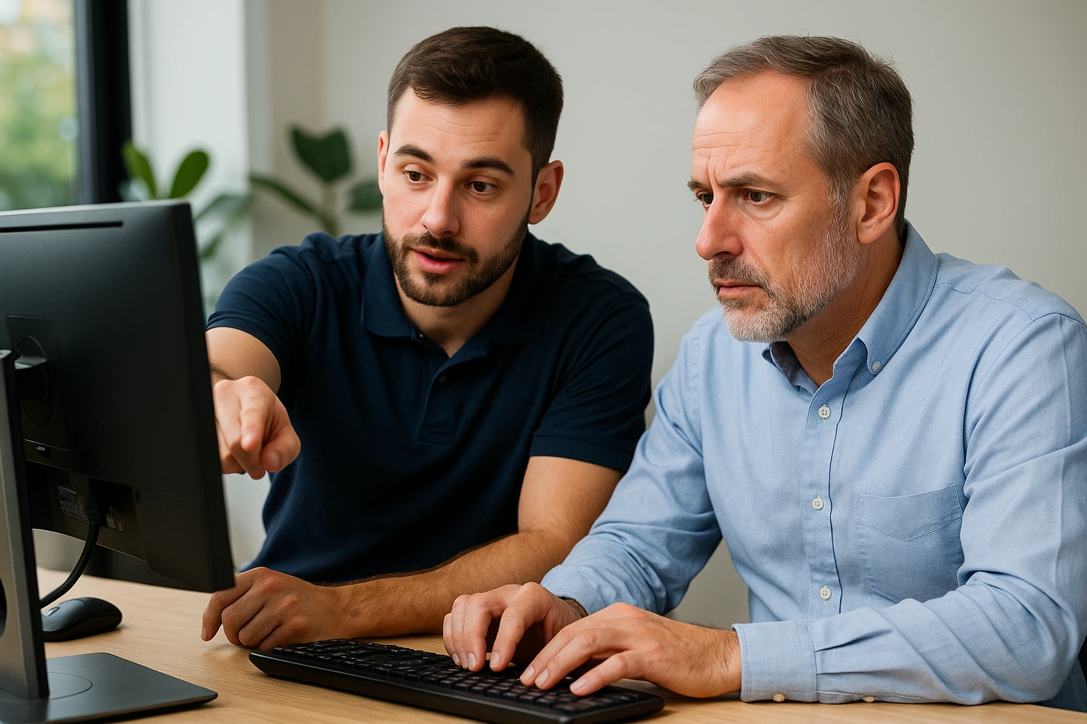 IT technician assisting a small business owner at a desk, both facing a computer screen displaying cybersecurity icons.