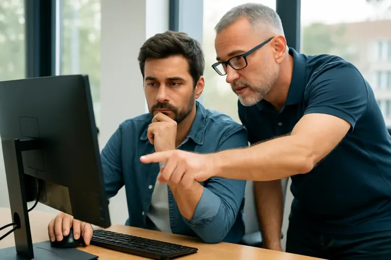 IT technician assisting a small business owner with a computer issue at a desk in a modern office, representing real-world IT support challenges.