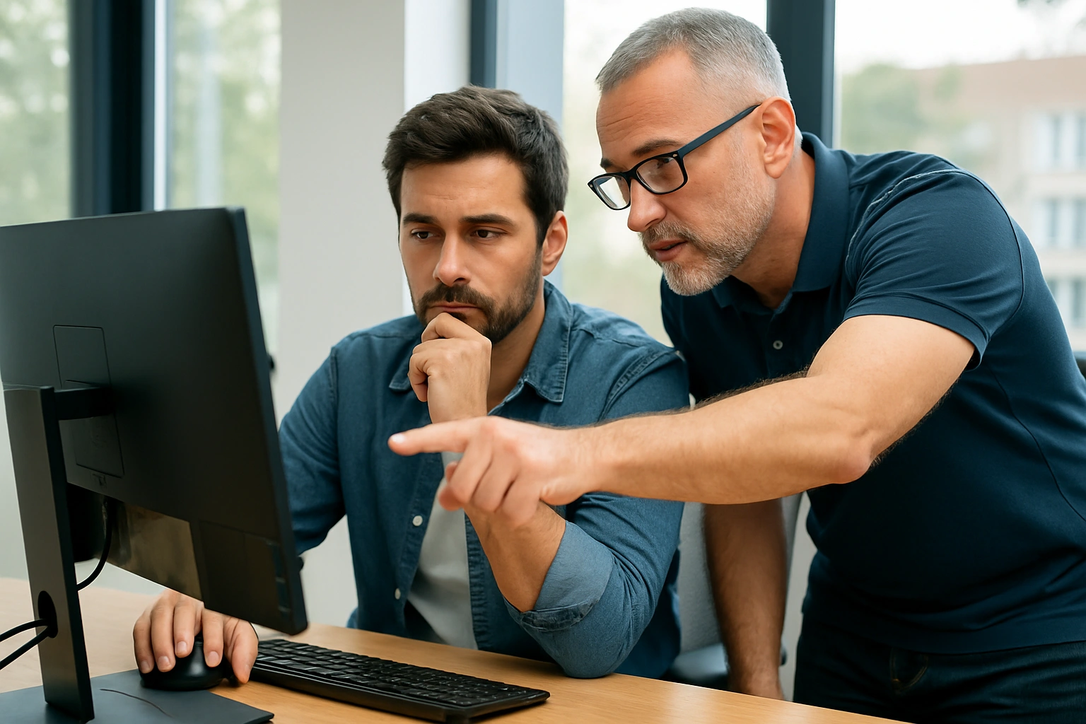 IT technician assisting a small business owner with a computer issue at a desk in a modern office, representing real-world IT support challenges.