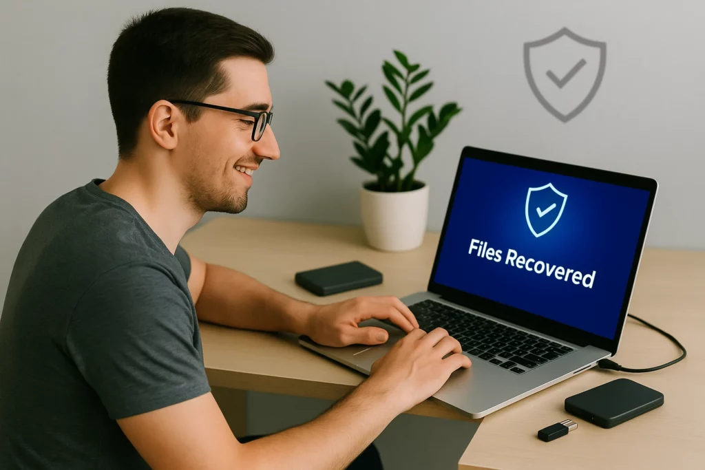 Person smiling with relief after recovering files from a virus attack, viewing a “Files Recovered” message on a laptop with external drives and a plant nearby.