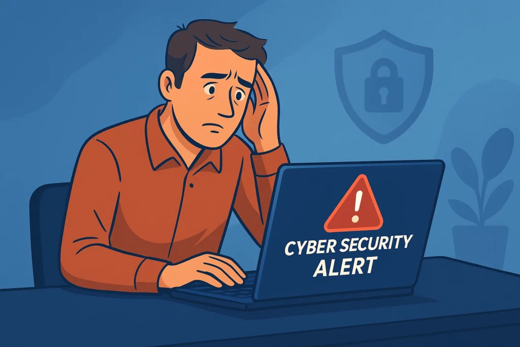 A small business owner sitting at a desk, looking concerned at a laptop showing a cybersecurity alert warning.