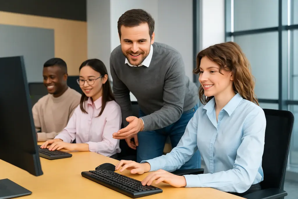 Small business team working at computers with an IT professional providing hands-on support, illustrating the importance of IT support for daily operations.