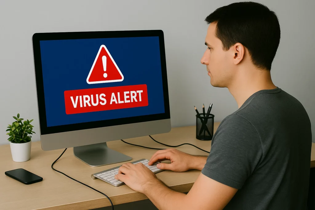 Man using a desktop computer with a red “VIRUS ALERT” message on screen. The desk is equipped with cables, a smartphone, a potted plant, and a pencil holder, representing virus detection and a realistic home office setup.