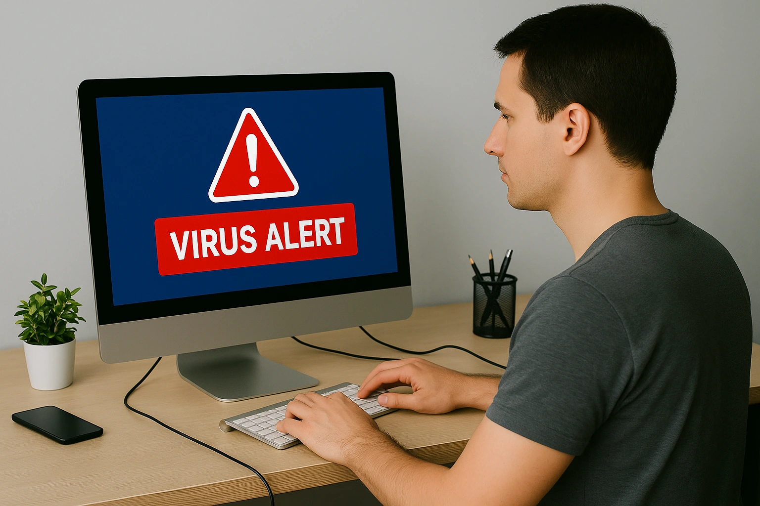 Man using a desktop computer with a red “VIRUS ALERT” message on screen. The desk is equipped with cables, a smartphone, a potted plant, and a pencil holder, representing virus detection and a realistic home office setup.
