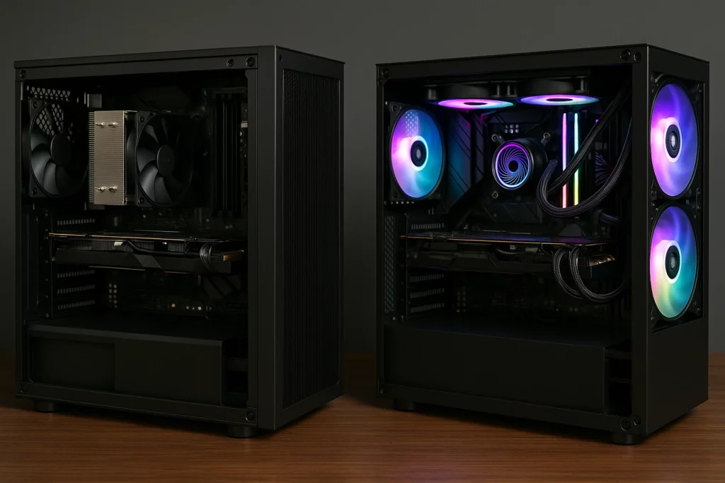 Side by side view of two custom built desktop PCs with air cooling and liquid cooling featuring RGB fans on a wooden surface with a dark background.