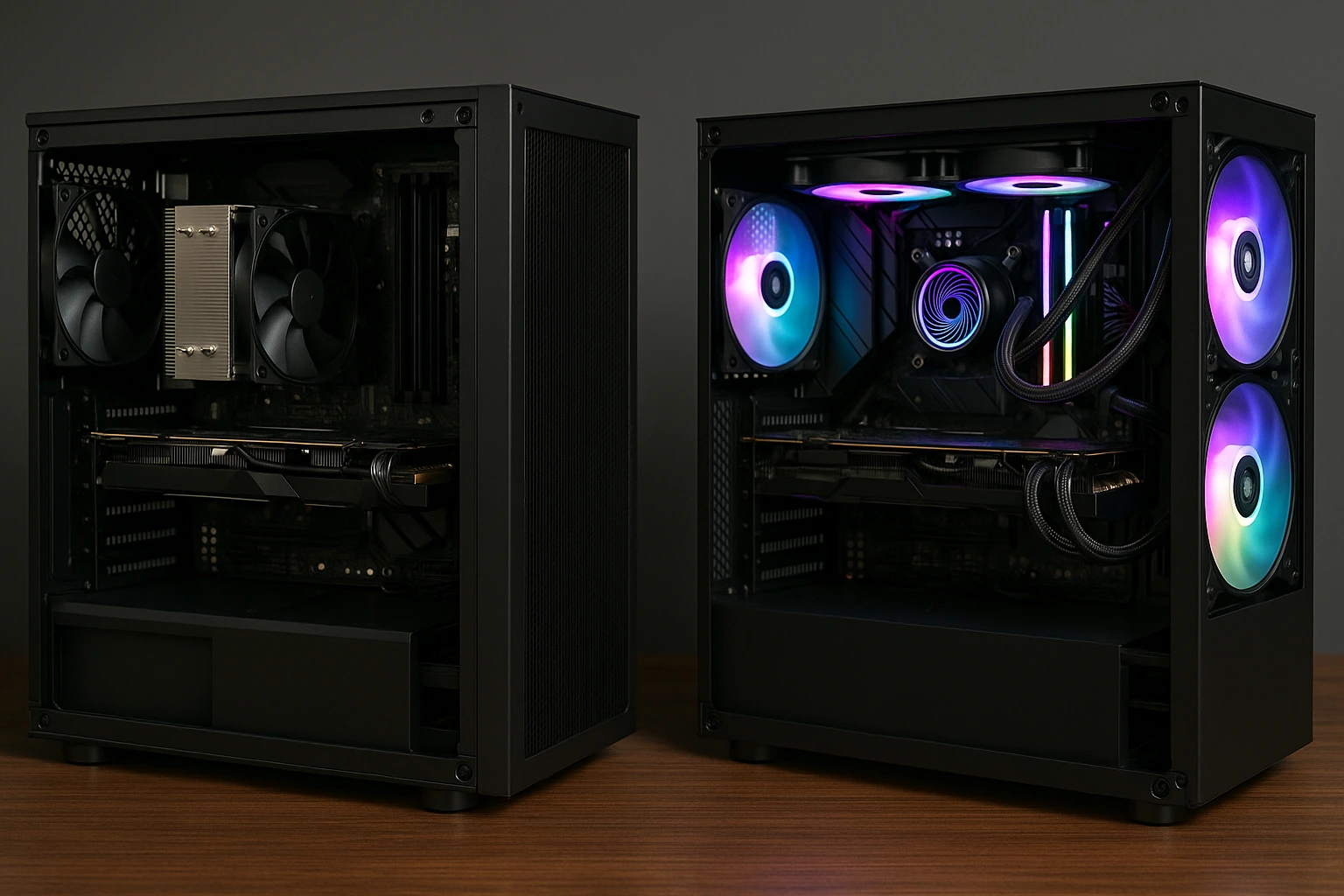 Side by side view of two custom built desktop PCs with air cooling and liquid cooling featuring RGB fans on a wooden surface with a dark background.