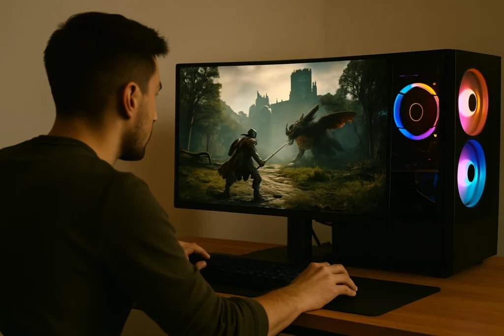 Young man intensely focused on a fullscreen medieval fantasy game while seated at a wooden desk, with a custom RGB-lit PC tower beside the monitor.
