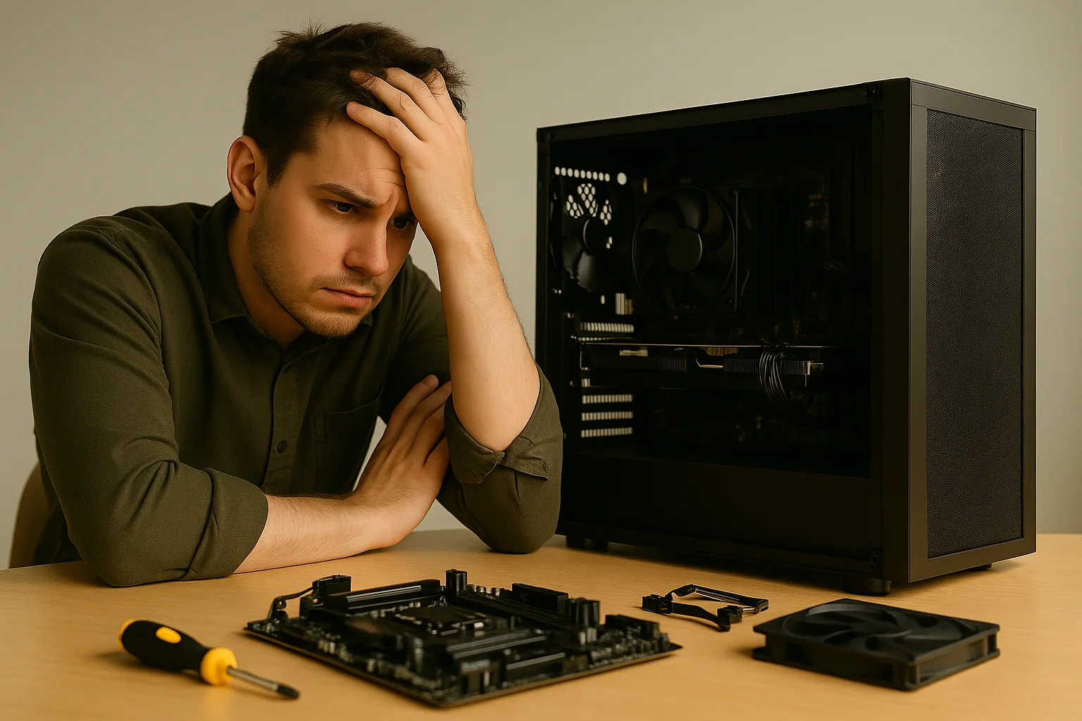 Frustrated man sitting at a desk with PC components while building a custom computer, next to an open black PC case.