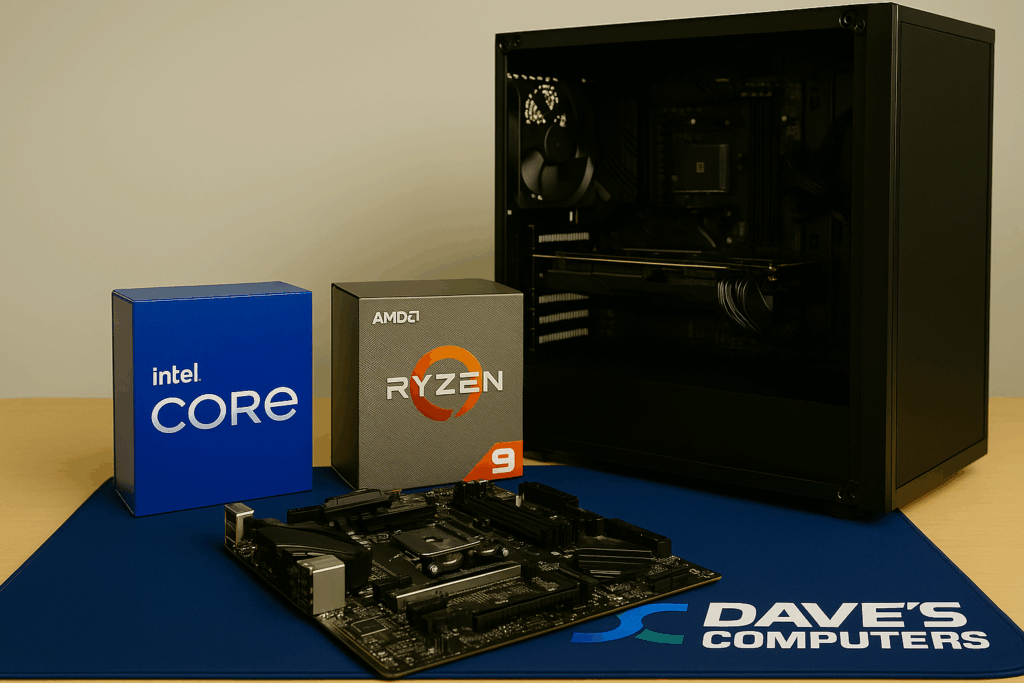 Custom PC build in progress on a Dave’s Computers mat, with Intel Core i9 and AMD Ryzen 9 boxes beside a motherboard and open PC case.