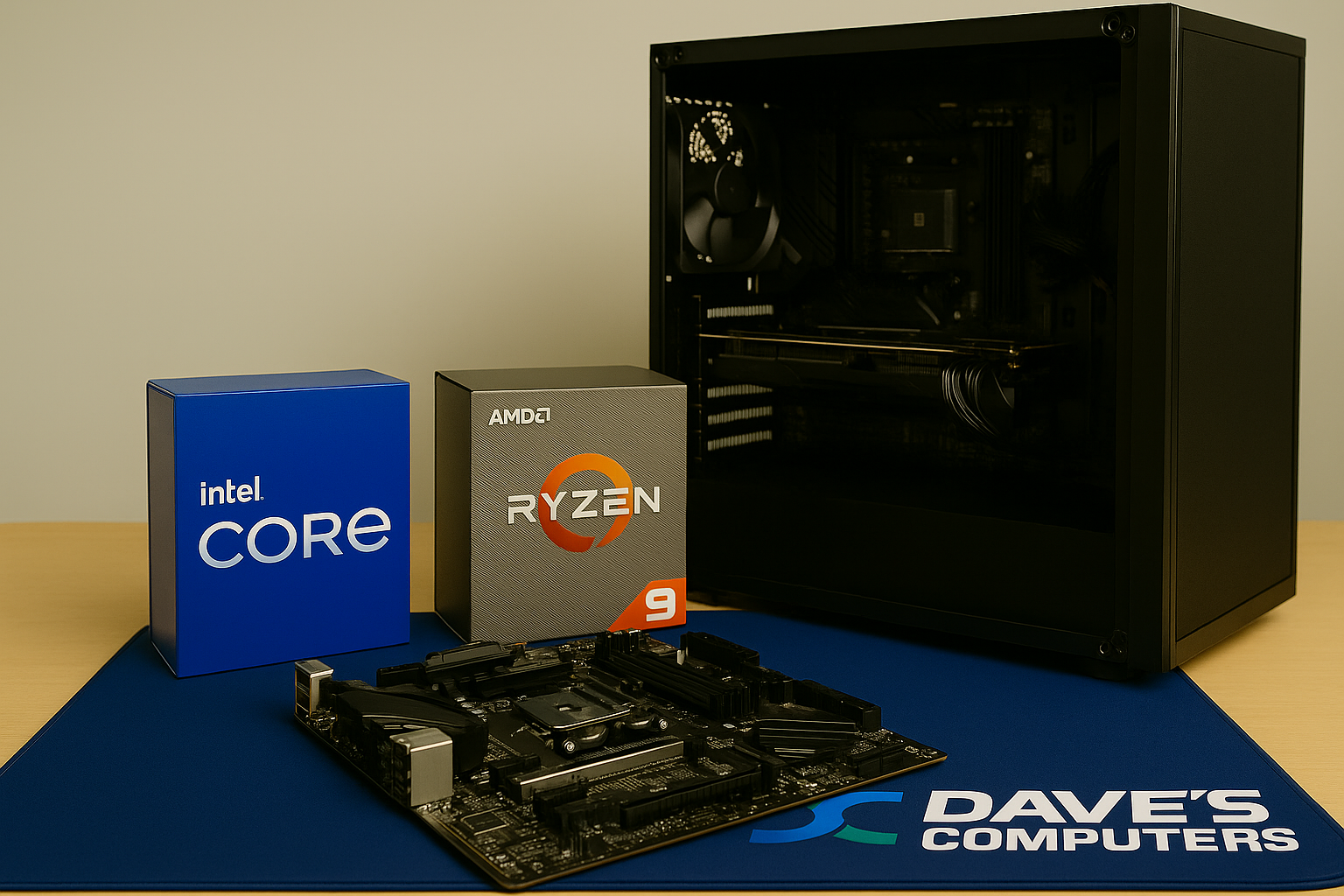 Custom PC build in progress on a Dave’s Computers mat, with Intel Core i9 and AMD Ryzen 9 boxes beside a motherboard and open PC case.