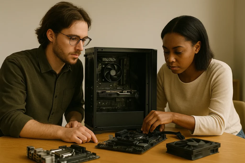 Two people assembling a desktop PC at a wooden table, focusing on internal components and working collaboratively in a well-lit room.