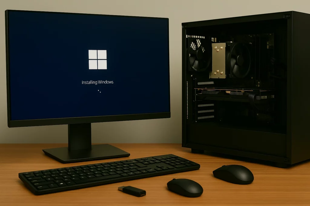 Newly built desktop PC on a desk next to a monitor displaying the Windows installation screen, with keyboard, mouse, and USB drive ready.