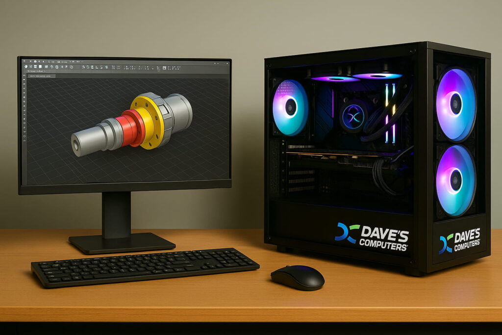 Two desktop computers side by side on a desk, a workstation running CAD software on the left and an RGB-lit gaming PC on the right, both featuring Dave’s Computers branding.