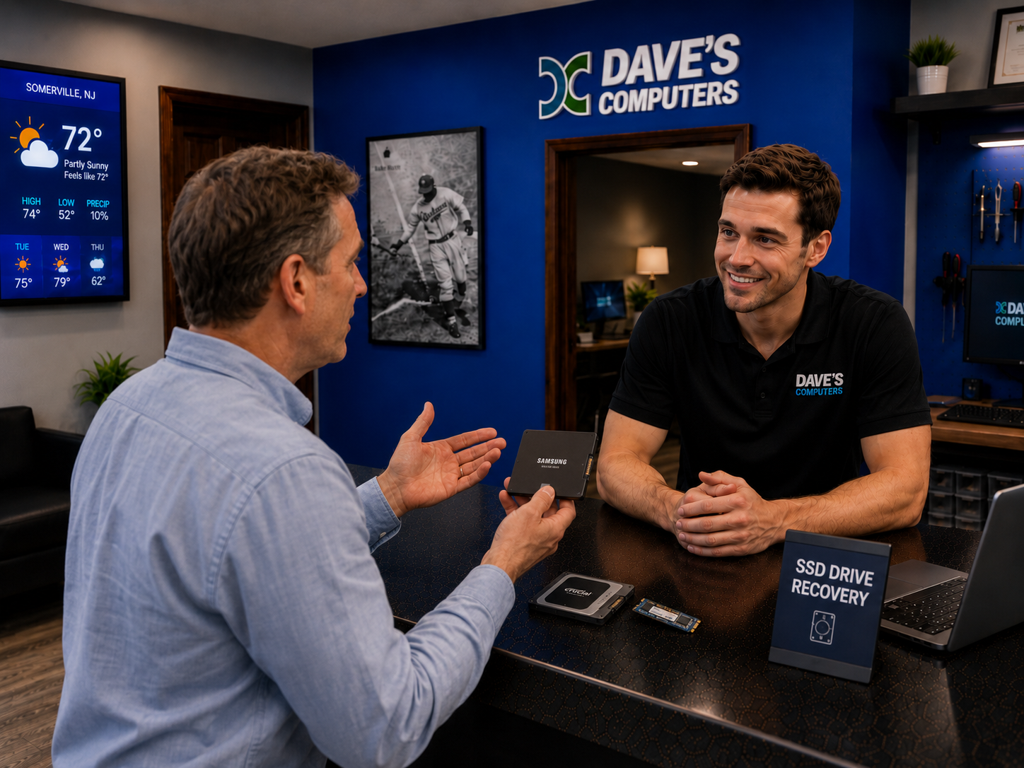 Technician reviewing SD card data recovery at Dave's Computers in Somerville NJ