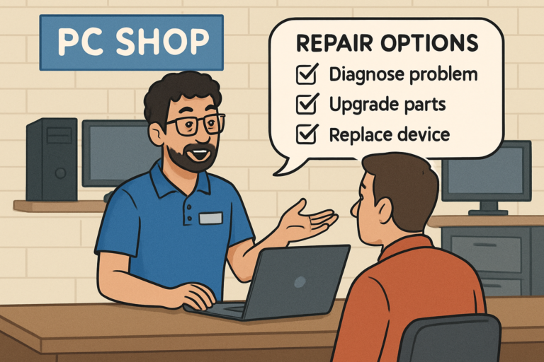 tech talking to customer at pc shop with repair options