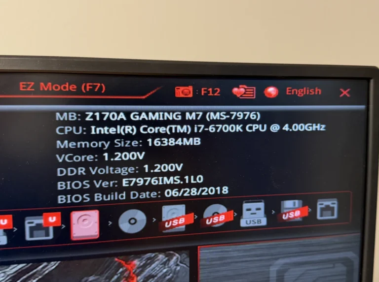 BIOS screen of an older MSI Z170A Gaming M7 PC with Intel i7-6700K brought into our NJ shop to reuse old PC parts in a new build