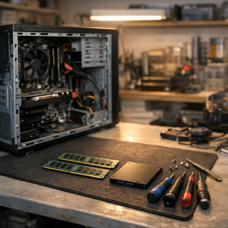 Technician's bench with an open desktop PC, RAM sticks and SSD ready for a repair