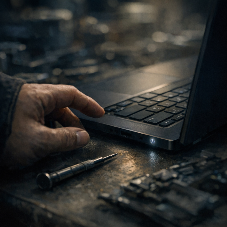 Laptop that won't power on being checked at a repair bench