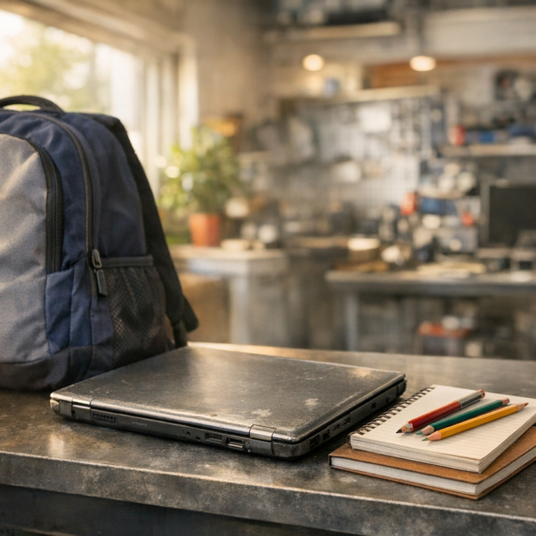 Student laptop and backpack on a local repair shop counter before school starts