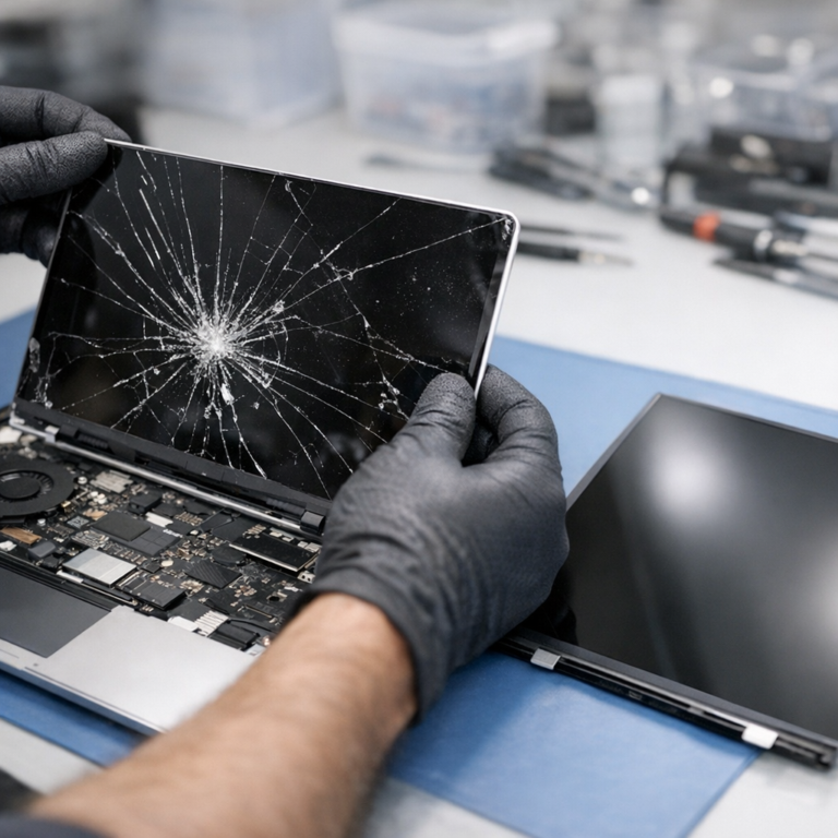 Cracked laptop panel being removed with a new replacement screen beside it