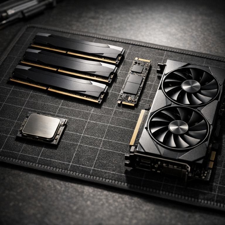 RAM sticks, SSD, graphics card and CPU laid out on a repair bench